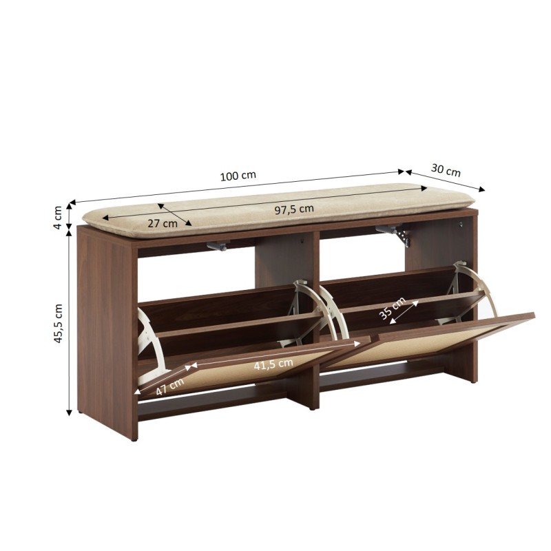 Banc à chaussures HARIA effet noyer et rotin
