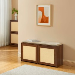 Banc à chaussures HARIA effet noyer et rotin