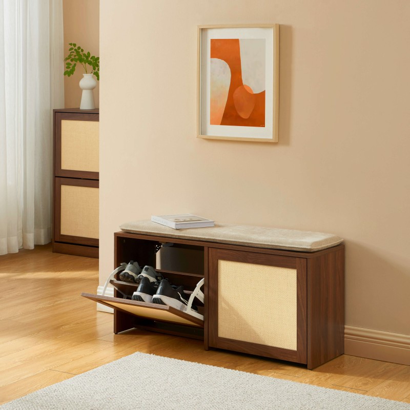 Banc à chaussures HARIA effet noyer et rotin