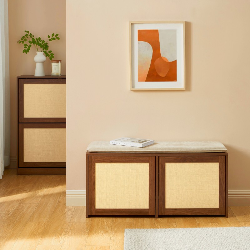 Banc à chaussures HARIA effet noyer et rotin