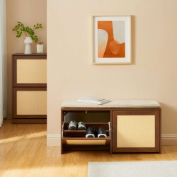 Banc à chaussures HARIA effet noyer et rotin