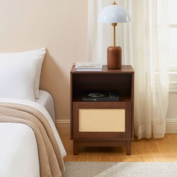 Nachttisch HARIA in Nussbaumoptik und Rattan