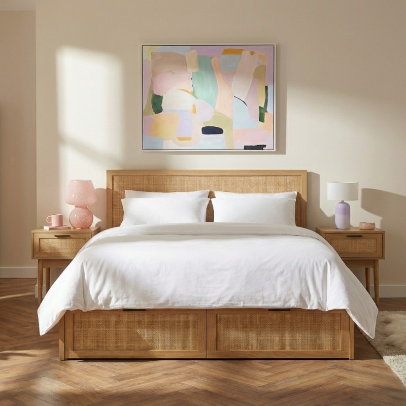 Set di 2 comodini AMANA, effetto rovere e canna di rattan 40 cm