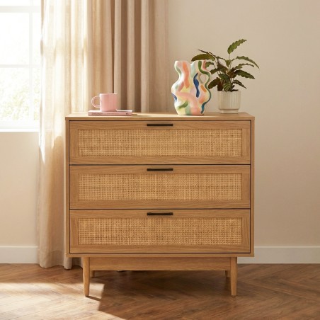 Commode AMANA effet chêne et cannage rotin 3 tiroirs 80cm