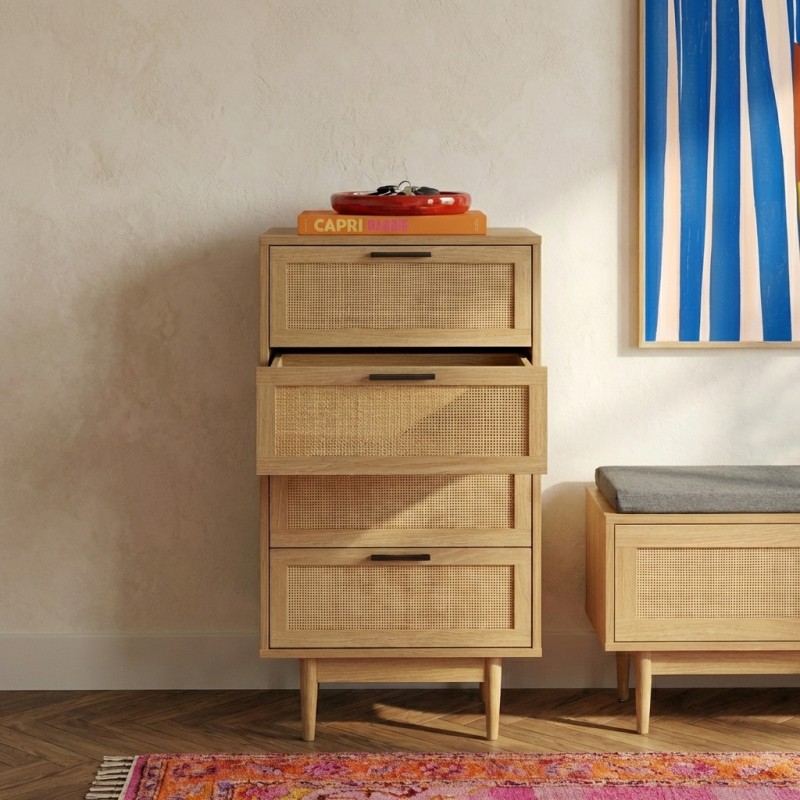 Chiffonnier AMANA effet chêne et cannage rotin 4 tiroirs 50cm