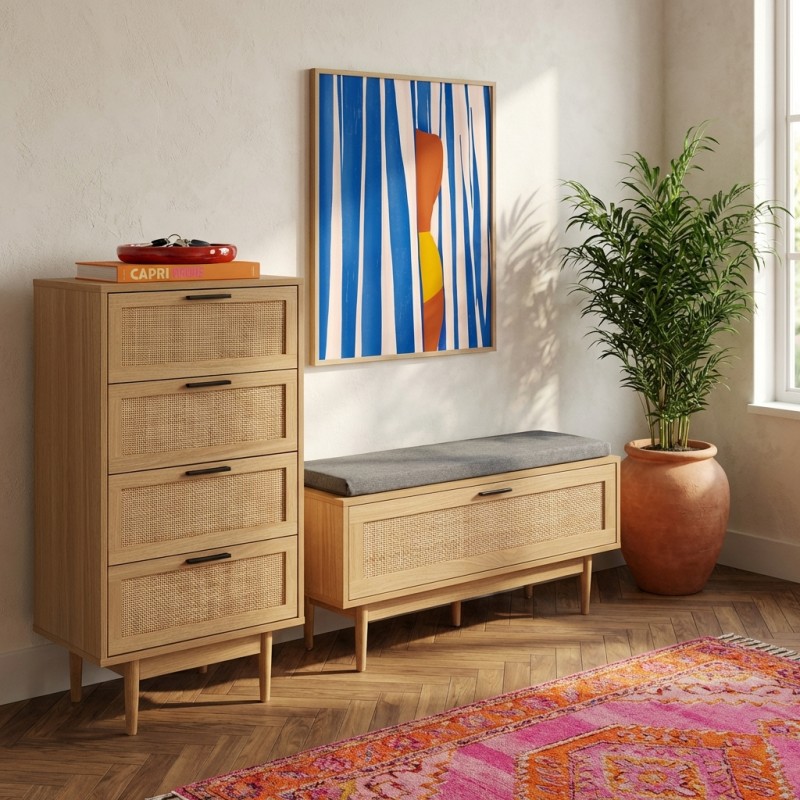 Chiffonnier AMANA effet chêne et cannage rotin 4 tiroirs 50cm