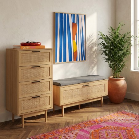 Chiffonnier AMANA effet chêne et cannage rotin 4 tiroirs 50cm