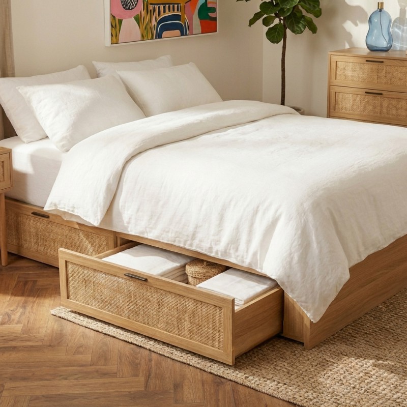 Bettgestell mit Schubladen AMANA Rattangeflecht 160x200 inkl. Lattenrost