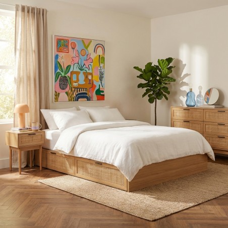 Cadre de lit à tiroirs AMANA effet chêne et cannage rotin 160x200 sommier inclus