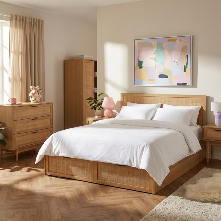 Lit à tiroirs AMANA effet chêne et cannage rotin 160x200 sommier inclus