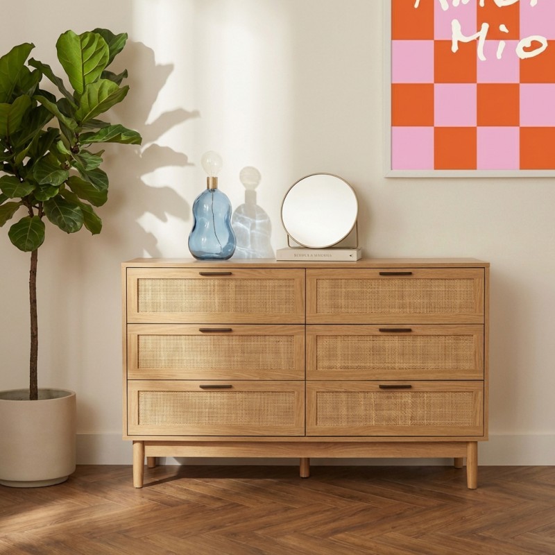 AMANA Kommode in Eichenoptik und Rattangeflecht mit 6 Schubladen
