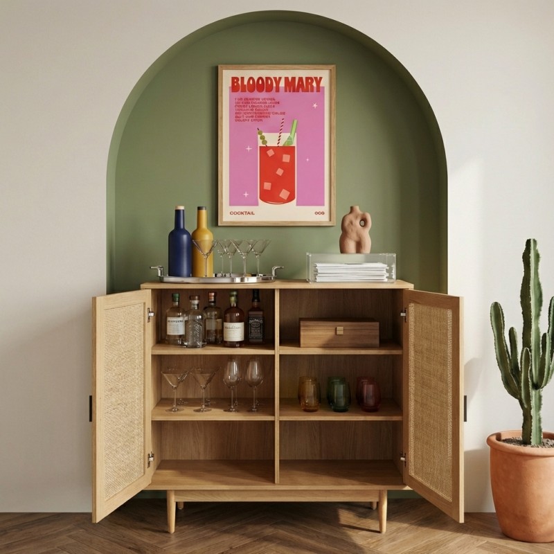 Buffet haut AMANA effet chêne et cannage rotin 90cm