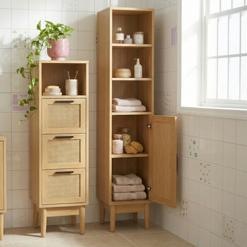 Colonna bagno AMANA effetto rovere e canna di rattan l30cm