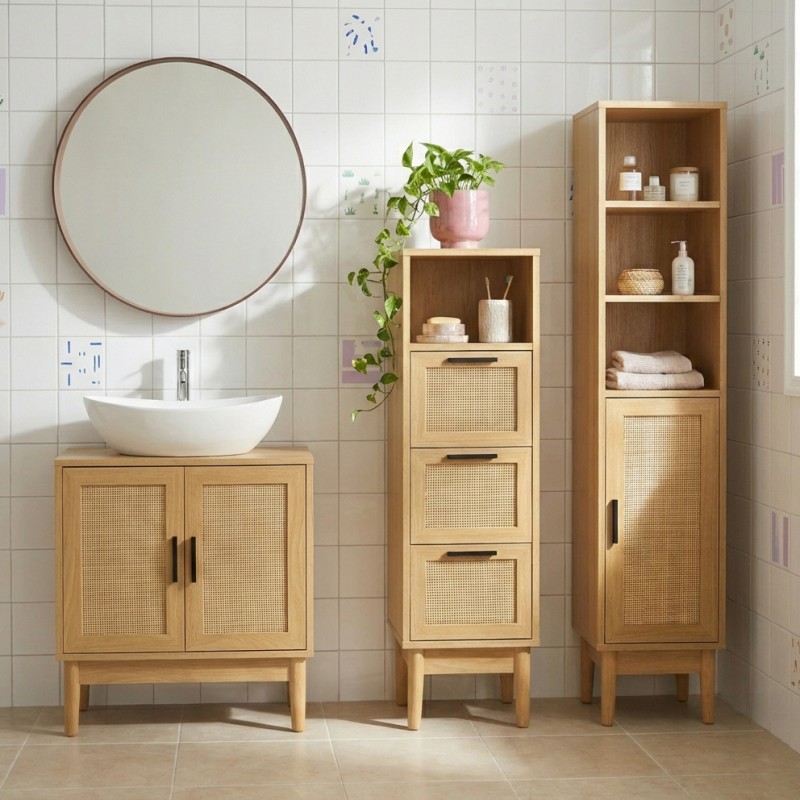 Colonna bagno AMANA effetto rovere e canna di rattan l30cm