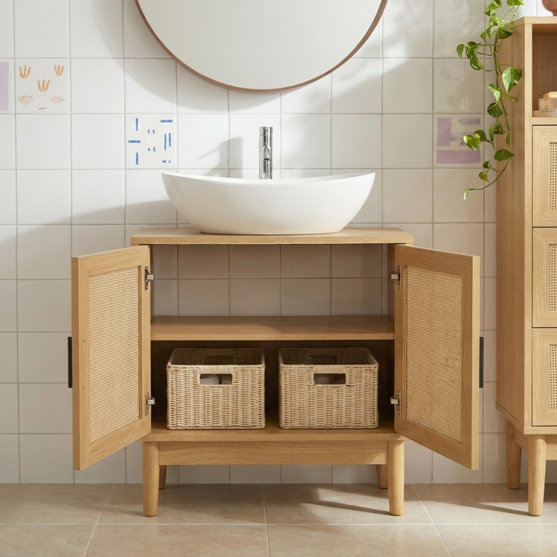 Meuble sous lavabo AMANA effet chêne et cannage rotin 60cm