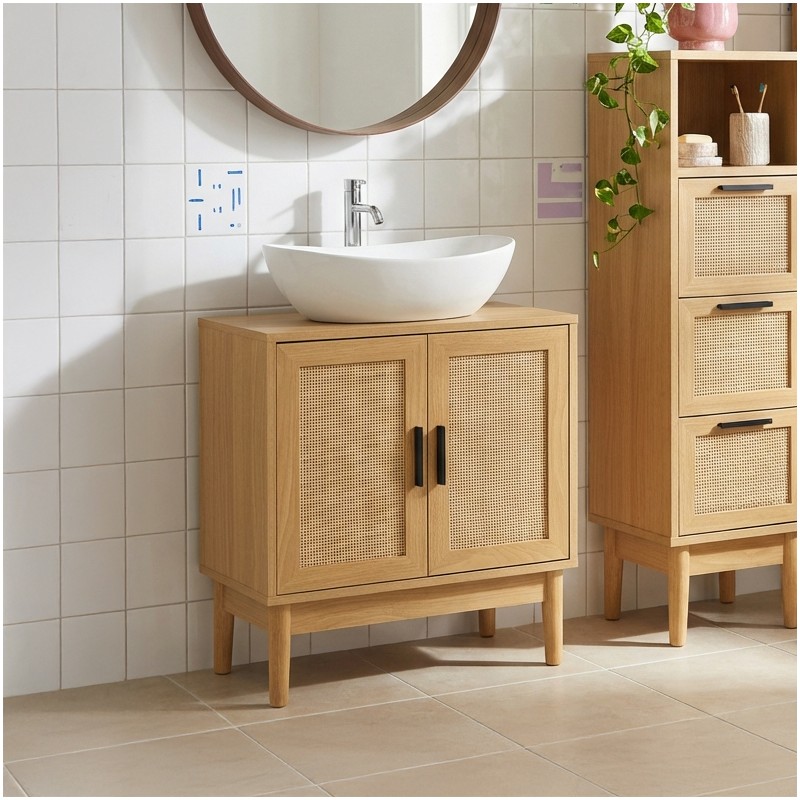 Meuble sous lavabo AMANA effet chêne et cannage rotin 60cm