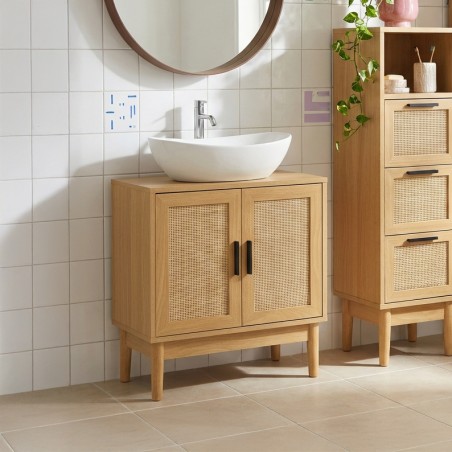 Mobile sottolavabo AMANA effetto rovere e canna di rattan l60cm