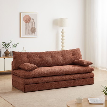 Divano letto KIARA a 3 posti in tessuto bouclé terracotta