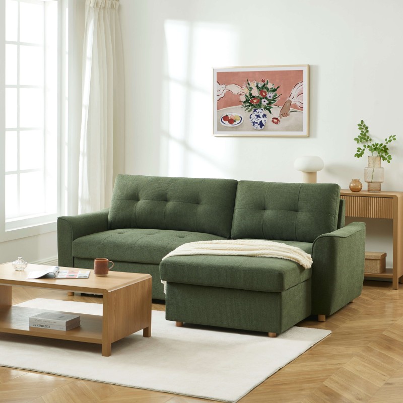 Divano angolare convertibile e reversibile TAMARA 4 posti in tessuto testurizzato verde