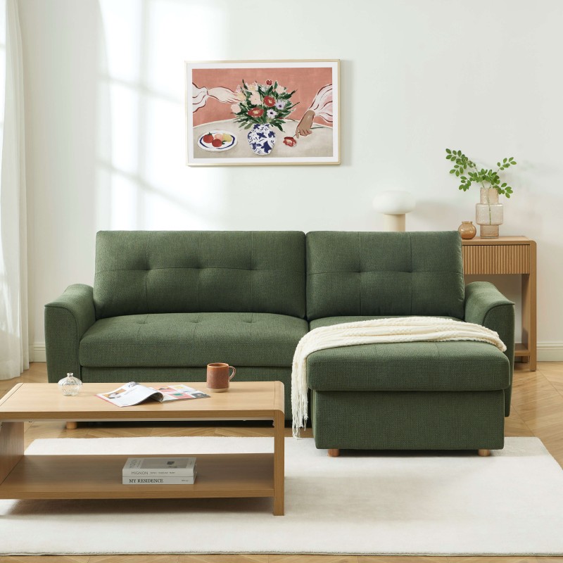 Divano angolare convertibile e reversibile TAMARA 4 posti in tessuto testurizzato verde