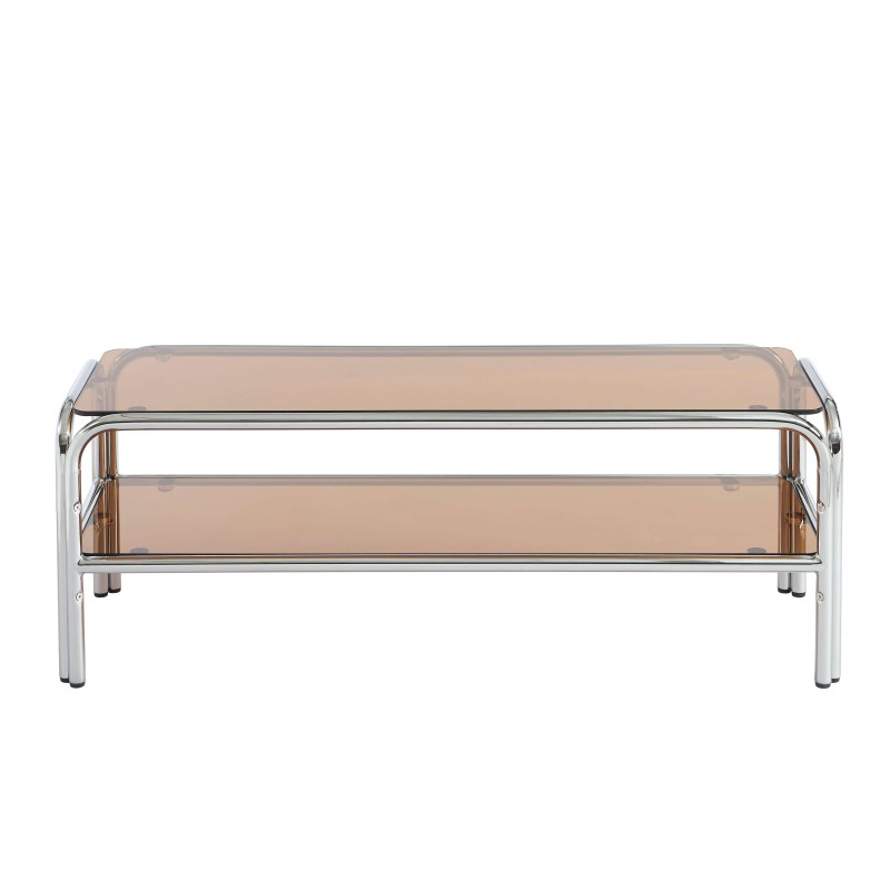 Meuble TV MAGGY verre trempé orange foncé et structure en chrome