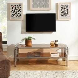 Meuble TV MAGGY verre trempé orange foncé et structure en chrome