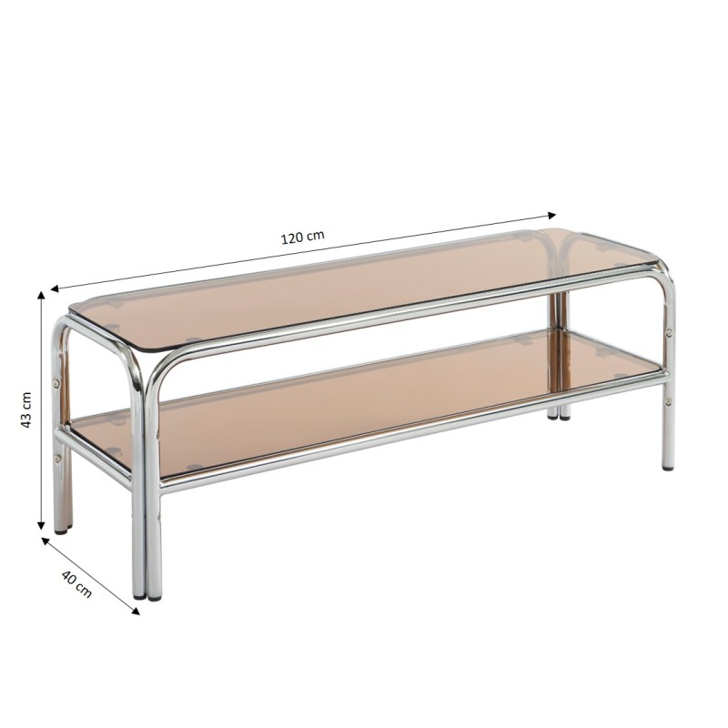 Meuble TV MAGGY verre trempé orange foncé et structure en chrome