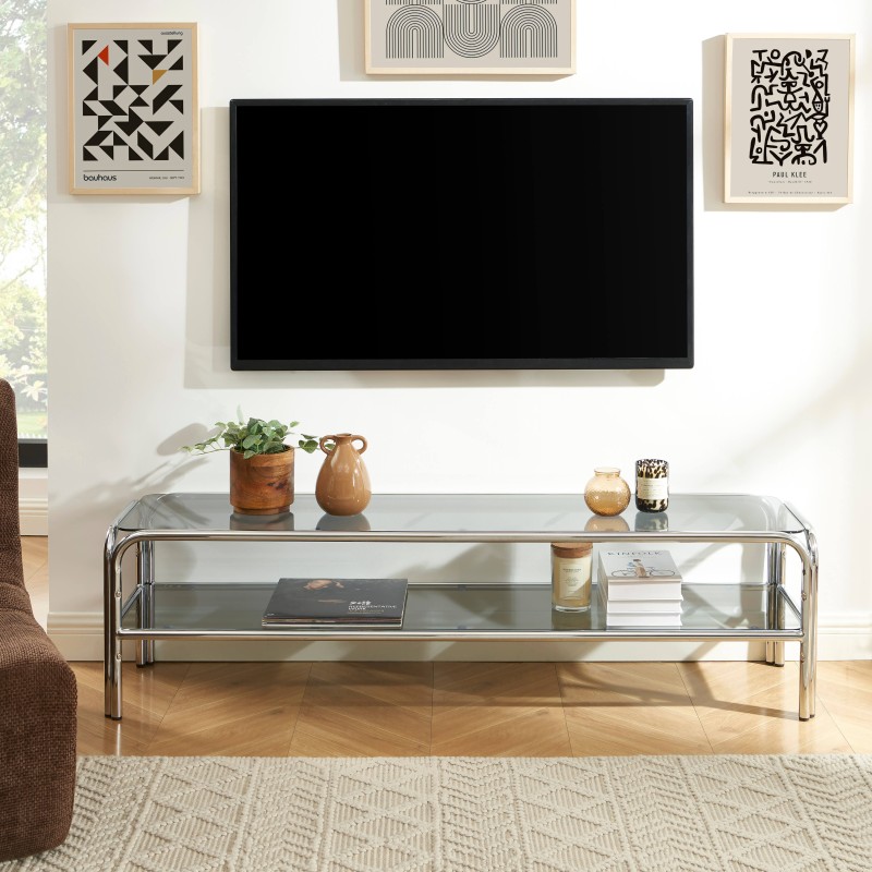 Meuble TV MAGGY verre trempé noir et structure en chrome 160cm