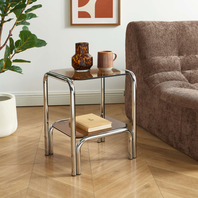 Comodino MAGGY in vetro temperato arancione con struttura cromata