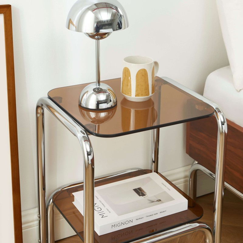 Comodino MAGGY in vetro temperato arancione con struttura cromata