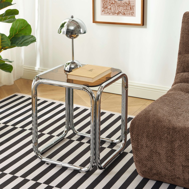 Tavolino MAGGY in vetro temperato arancione con struttura cromata