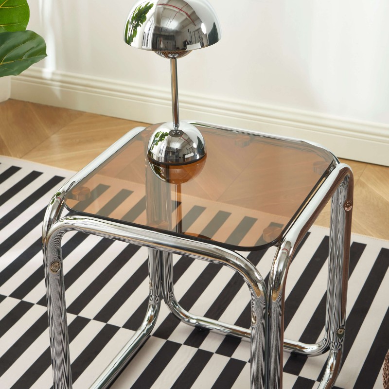 Tavolino MAGGY in vetro temperato arancione con struttura cromata