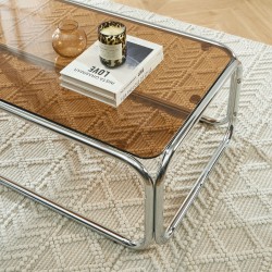 Tavolino MAGGY in vetro temperato arancione scuro con struttura cromata