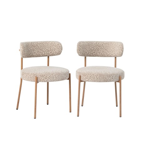 Set di 2 sedie NOA in tessuto stampato leopardato beige con gambe in metallo finitura legno