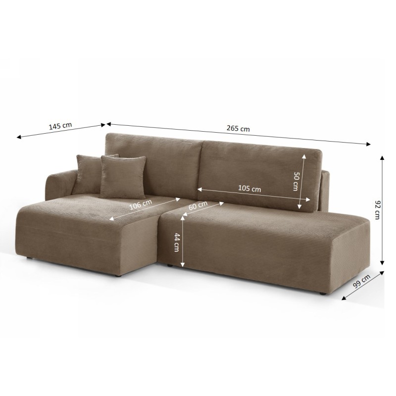 Divano angolare sinistro aperto convertibile DANILO 4 posti in velluto a coste color tortora