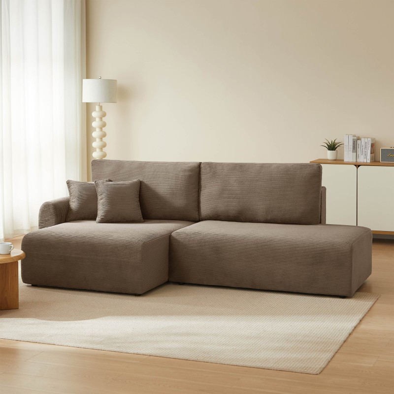 Divano angolare sinistro aperto convertibile DANILO 4 posti in velluto a coste color tortora