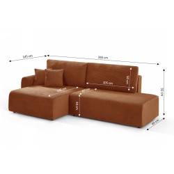 Divano angolare sinistro aperto convertibile DANILO 4 posti in velluto a coste terracotta