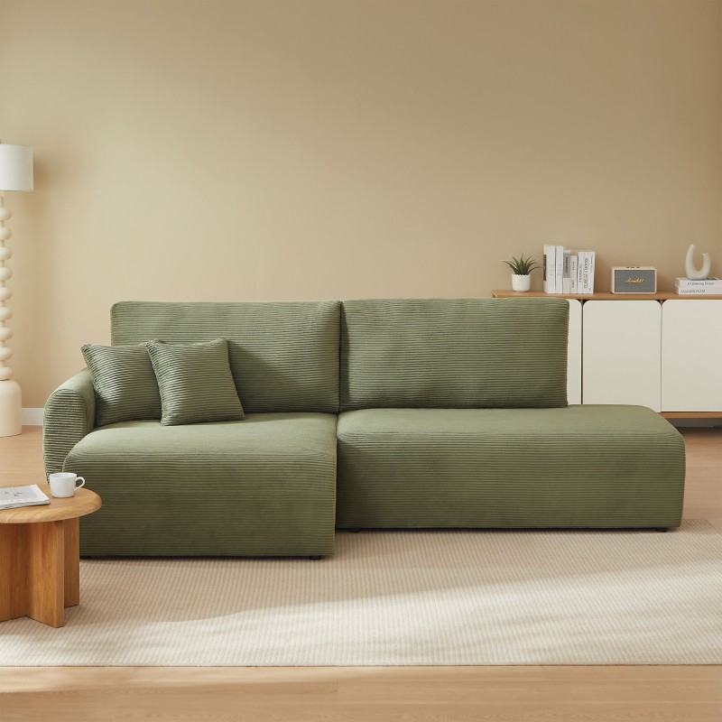 Divano angolare sinistro aperto convertibile DANILO 4 posti in velluto a coste verde