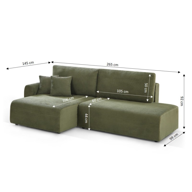 Divano angolare sinistro aperto convertibile DANILO 4 posti in velluto a coste verde