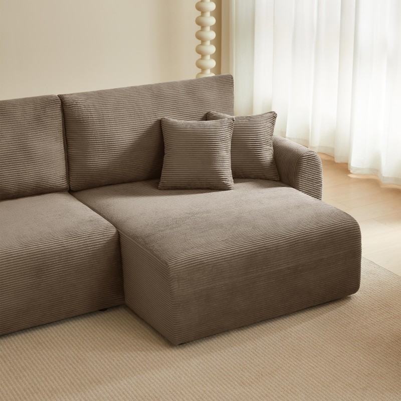 Divano angolare destro aperto trasformabile DANILO 4 posti in velluto a coste color tortora