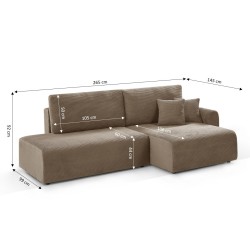 Divano angolare destro aperto trasformabile DANILO 4 posti in velluto a coste color tortora