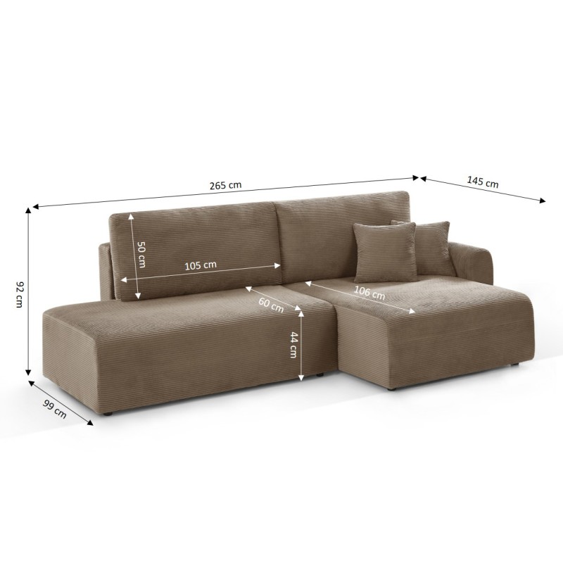 Divano angolare destro aperto trasformabile DANILO 4 posti in velluto a coste color tortora