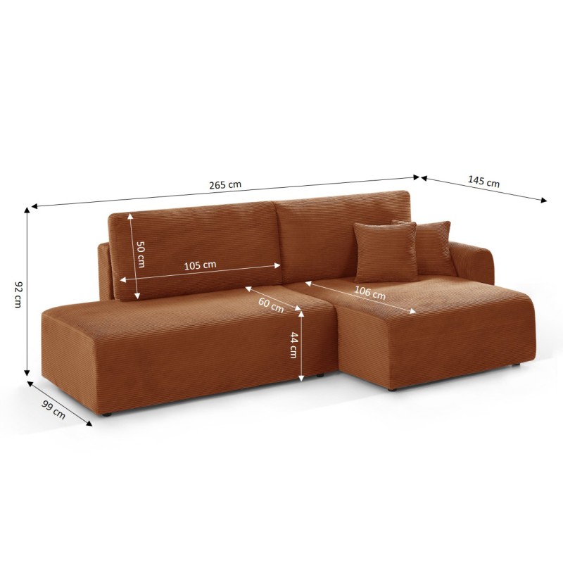 Divano angolare destro aperto trasformabile DANILO 4 posti in velluto a coste terracotta