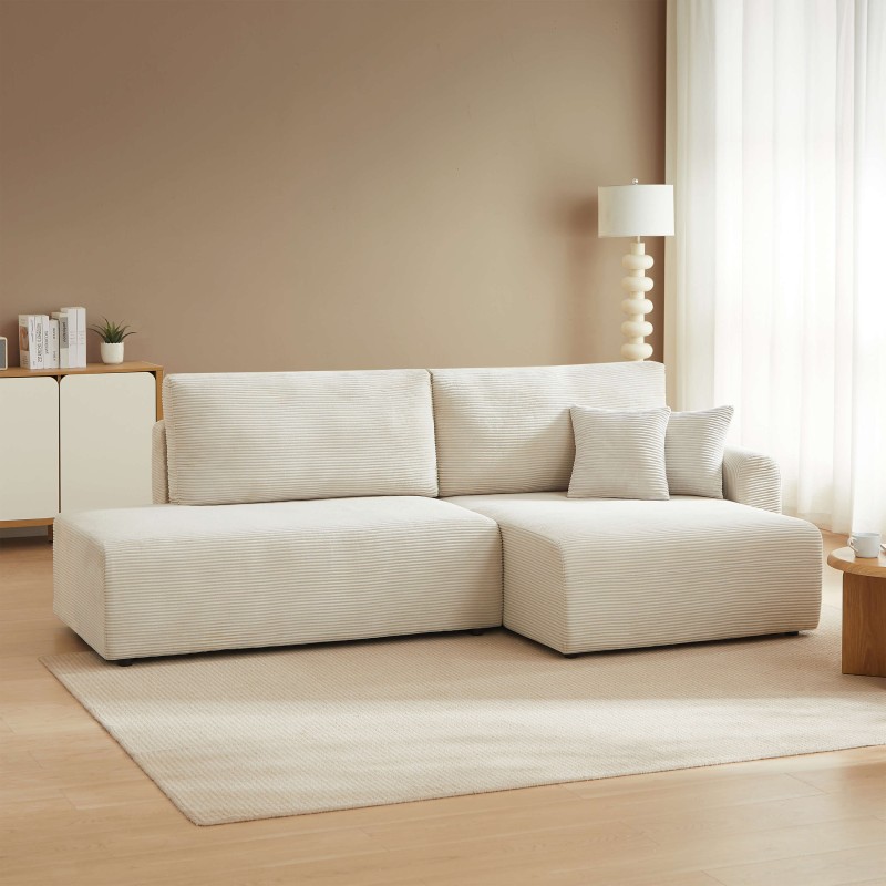 Divano angolare destro aperto trasformabile DANILO 4 posti in velluto a coste beige