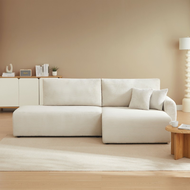 Divano angolare destro aperto trasformabile DANILO 4 posti in velluto a coste beige