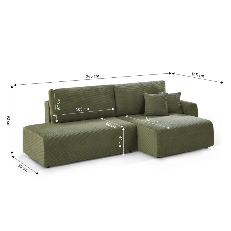Divano angolare destro aperto trasformabile DANILO 4 posti in velluto a coste verde