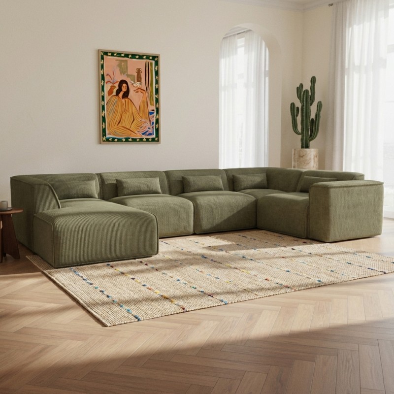 Divano panoramico fisso NUNA 7 posti con chaise longue a sinistra in velluto a coste verde