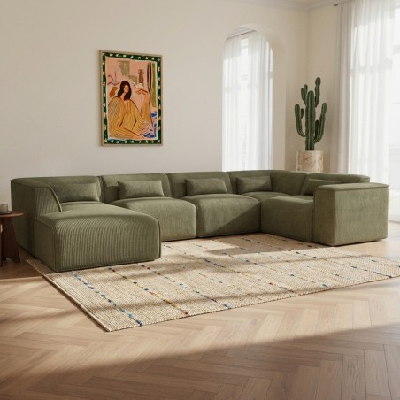 Divano panoramico fisso NUNA 7 posti con chaise longue a sinistra in velluto a coste verde