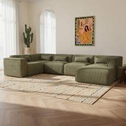 Divano panoramico fisso NUNA 7 posti con poltrona destra in velluto a coste verde