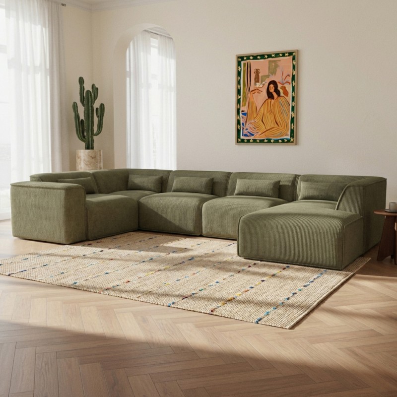 Divano panoramico fisso NUNA 7 posti con poltrona destra in velluto a coste verde